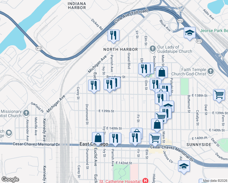 map of restaurants, bars, coffee shops, grocery stores, and more near 3741 Parrish Avenue in East Chicago