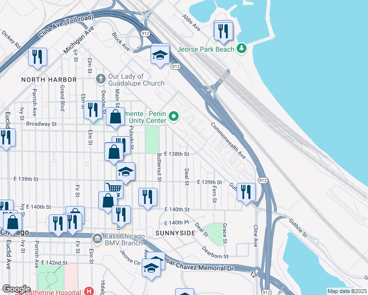 map of restaurants, bars, coffee shops, grocery stores, and more near 3728 Deal Street in East Chicago