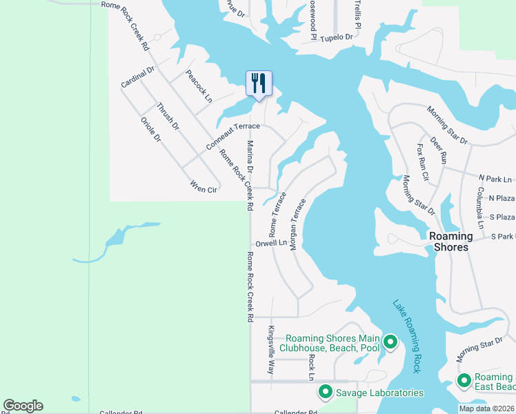 map of restaurants, bars, coffee shops, grocery stores, and more near 355 Rome Terrace in Roaming Shores