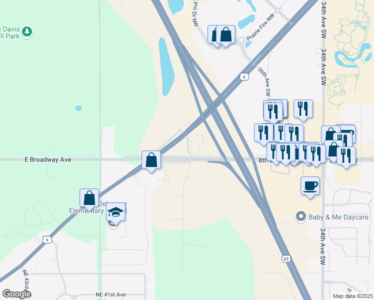 map of restaurants, bars, coffee shops, grocery stores, and more near 4960 East Broadway Avenue in Des Moines