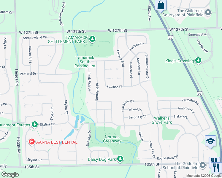 map of restaurants, bars, coffee shops, grocery stores, and more near 25441 Pavilion Place in Plainfield