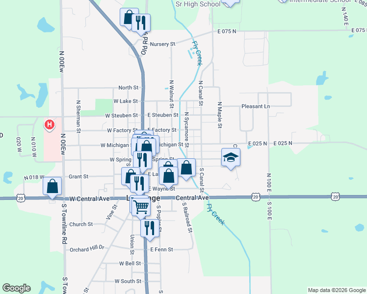 map of restaurants, bars, coffee shops, grocery stores, and more near 151 North Sycamore Street in LaGrange