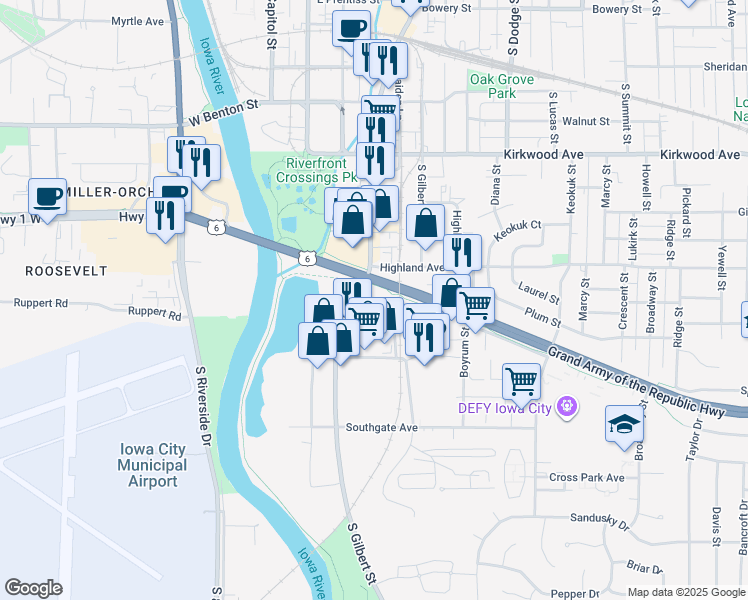 map of restaurants, bars, coffee shops, grocery stores, and more near 1410 Waterfront Dr in Iowa City