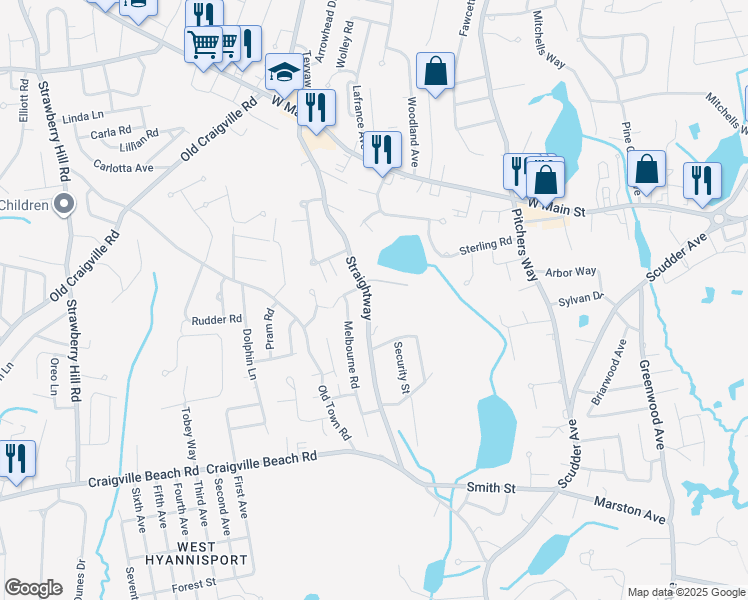 map of restaurants, bars, coffee shops, grocery stores, and more near 186 Straightway in Barnstable