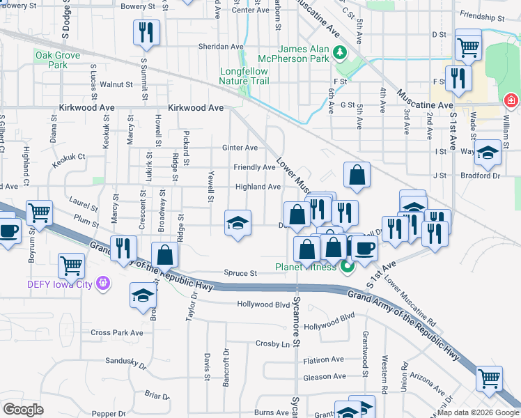 map of restaurants, bars, coffee shops, grocery stores, and more near 1421 Pine Street in Iowa City