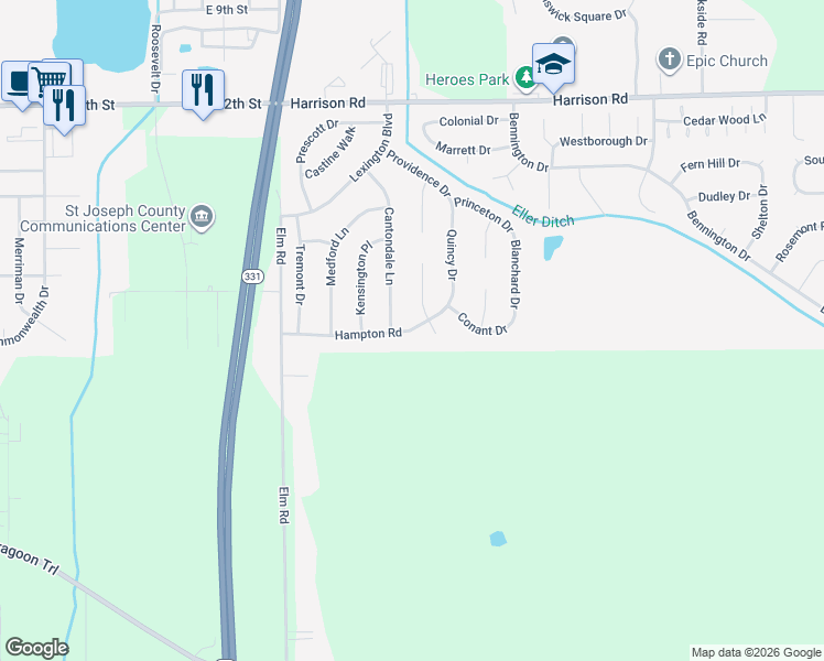 map of restaurants, bars, coffee shops, grocery stores, and more near 2715 Hampton Road in Mishawaka