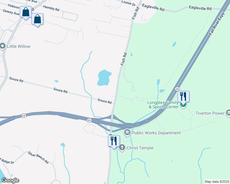 map of restaurants, bars, coffee shops, grocery stores, and more near 911 Fish Road in Tiverton