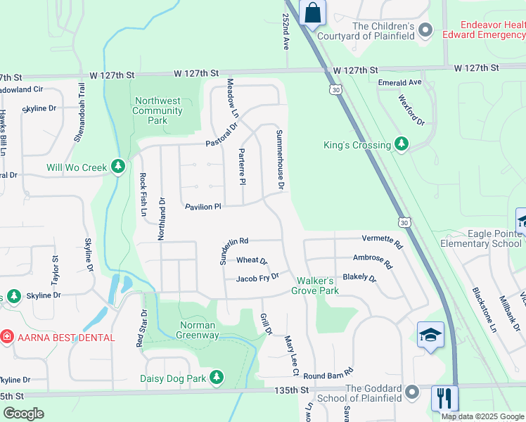 map of restaurants, bars, coffee shops, grocery stores, and more near 13014 Meadow Lane in Plainfield