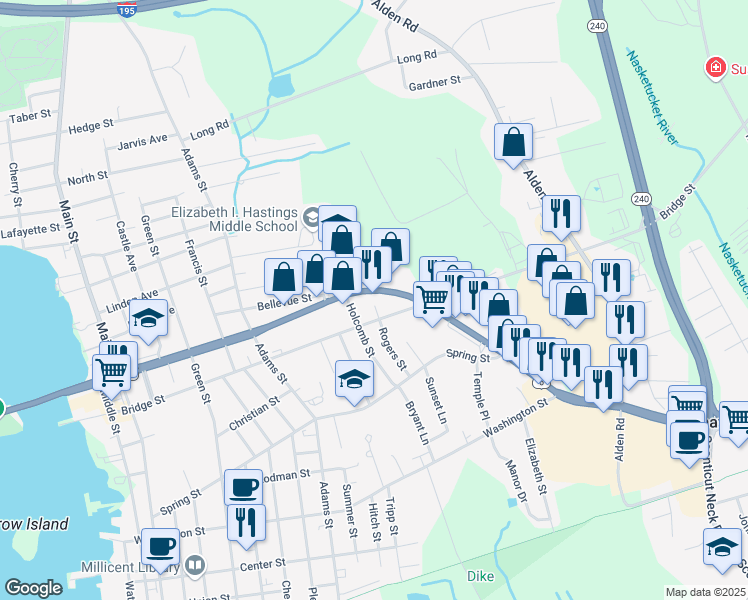 map of restaurants, bars, coffee shops, grocery stores, and more near 27 Rogers Street in Fairhaven
