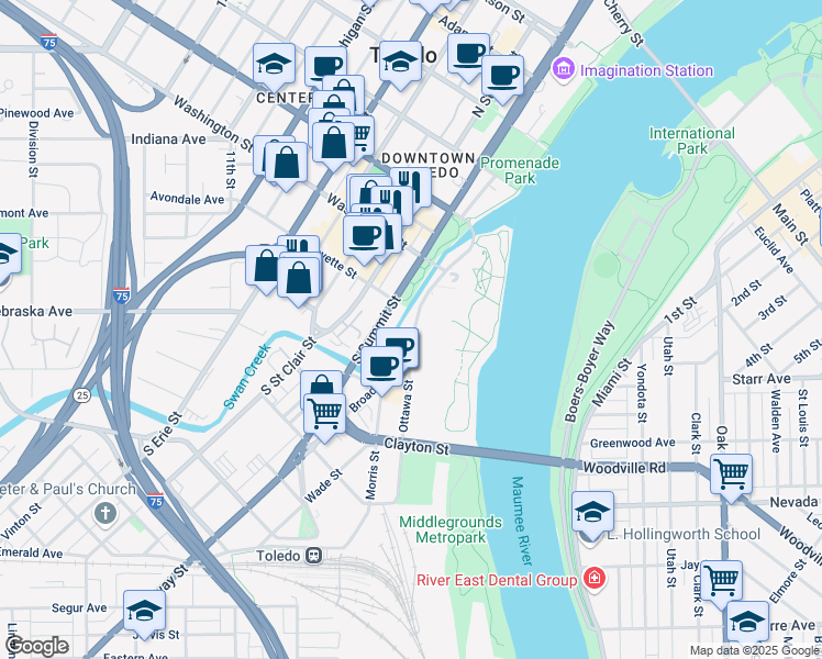 map of restaurants, bars, coffee shops, grocery stores, and more near 110 Ottawa Street in Toledo