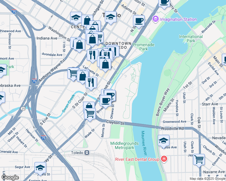 map of restaurants, bars, coffee shops, grocery stores, and more near 110 Ottawa Street in Toledo