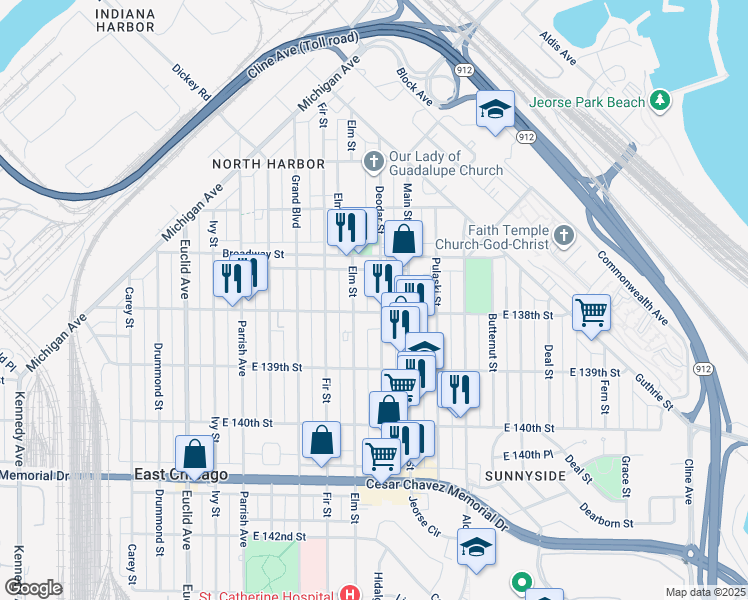 map of restaurants, bars, coffee shops, grocery stores, and more near 3735 Elm Street in East Chicago