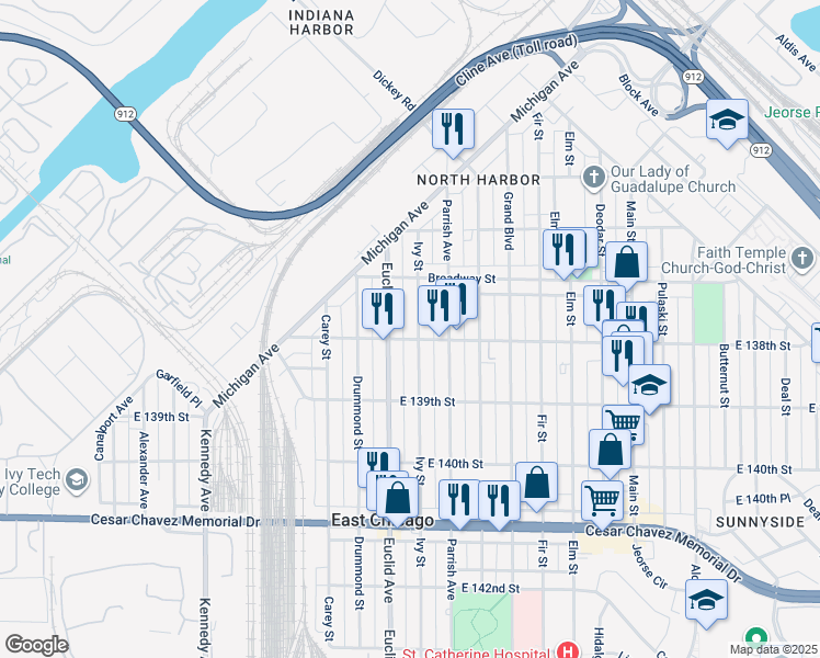 map of restaurants, bars, coffee shops, grocery stores, and more near 3735 Ivy Street in East Chicago