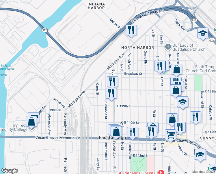 map of restaurants, bars, coffee shops, grocery stores, and more near 3744 Drummond Street in East Chicago
