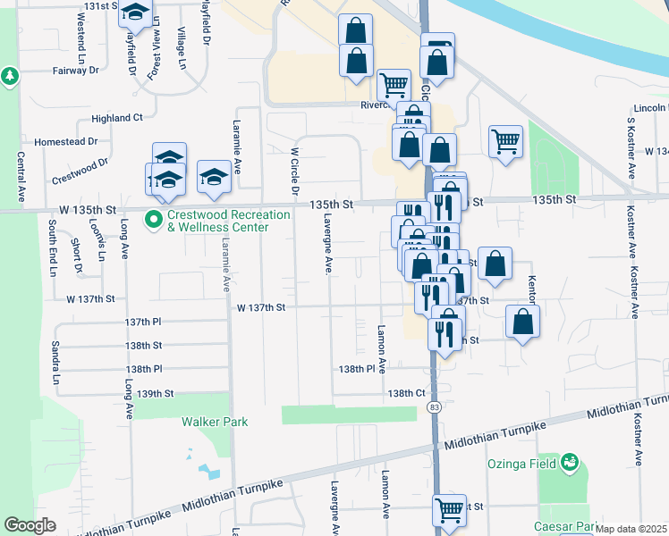 map of restaurants, bars, coffee shops, grocery stores, and more near 13619 Lavergne Avenue in Crestwood