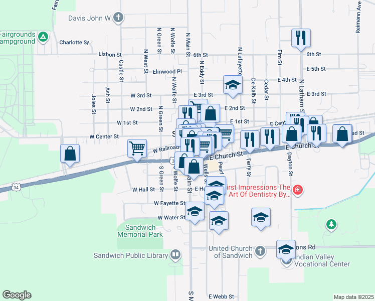 map of restaurants, bars, coffee shops, grocery stores, and more near 128 South Main Street in Sandwich