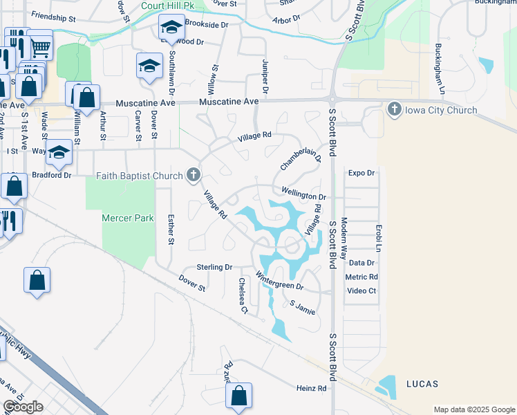 map of restaurants, bars, coffee shops, grocery stores, and more near 1338 Oxford Place in Iowa City