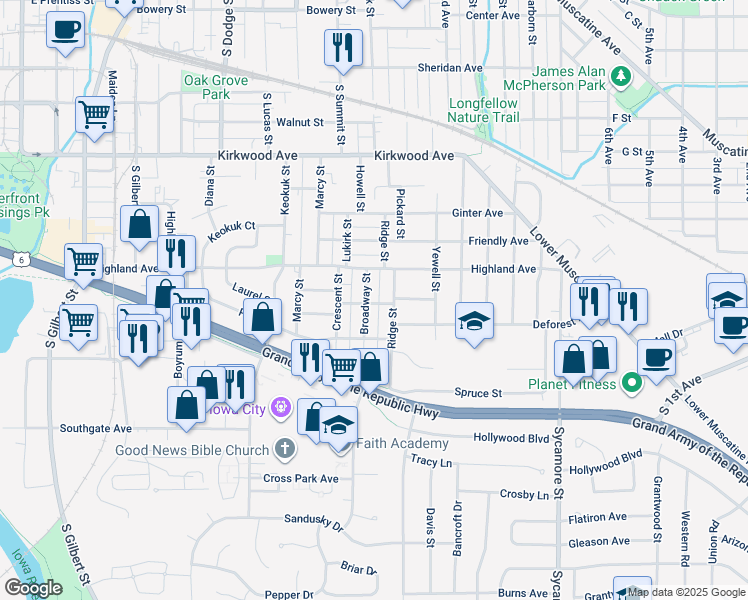 map of restaurants, bars, coffee shops, grocery stores, and more near 15124 Cottonwood Avenue in Iowa City