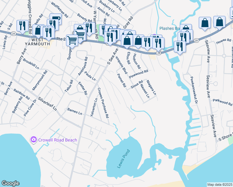 map of restaurants, bars, coffee shops, grocery stores, and more near 44 Nearmeadows Road in Yarmouth