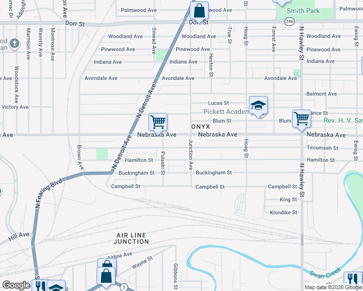 map of restaurants, bars, coffee shops, grocery stores, and more near 1437 Tecumseh Street in Toledo