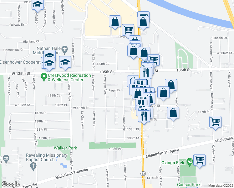 map of restaurants, bars, coffee shops, grocery stores, and more near 13625 Royal Court in Crestwood