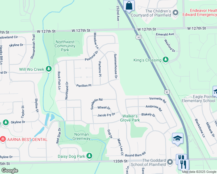 map of restaurants, bars, coffee shops, grocery stores, and more near 13014 Meadow Lane in Plainfield