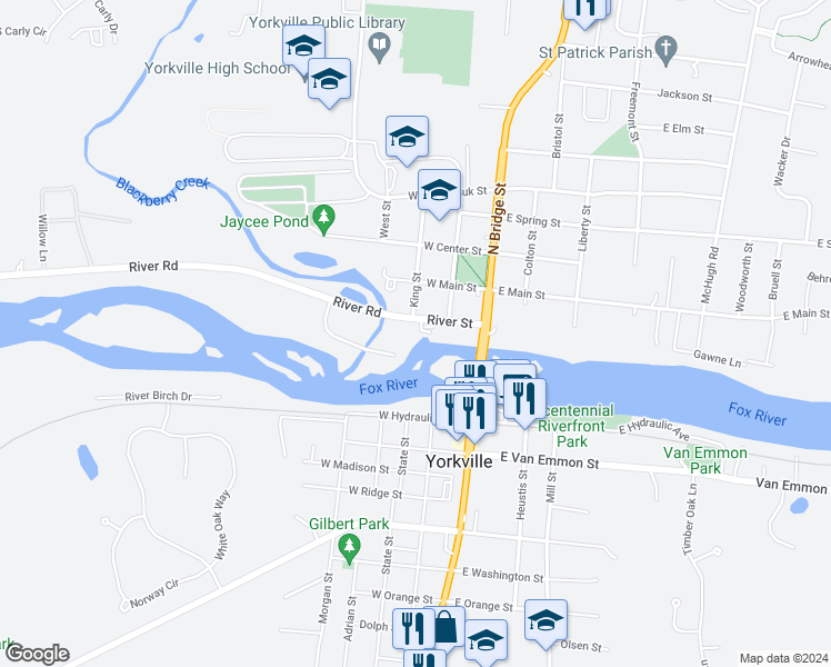 map of restaurants, bars, coffee shops, grocery stores, and more near 214 River Street in Yorkville