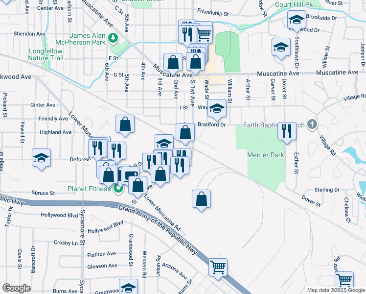 map of restaurants, bars, coffee shops, grocery stores, and more near 1517 Mall Drive in Iowa City