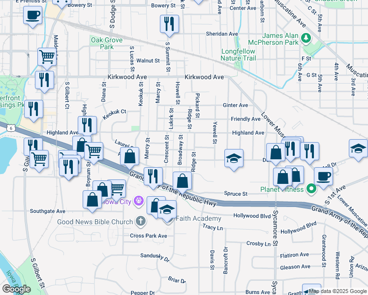 map of restaurants, bars, coffee shops, grocery stores, and more near 15124 Cottonwood Avenue in Iowa City