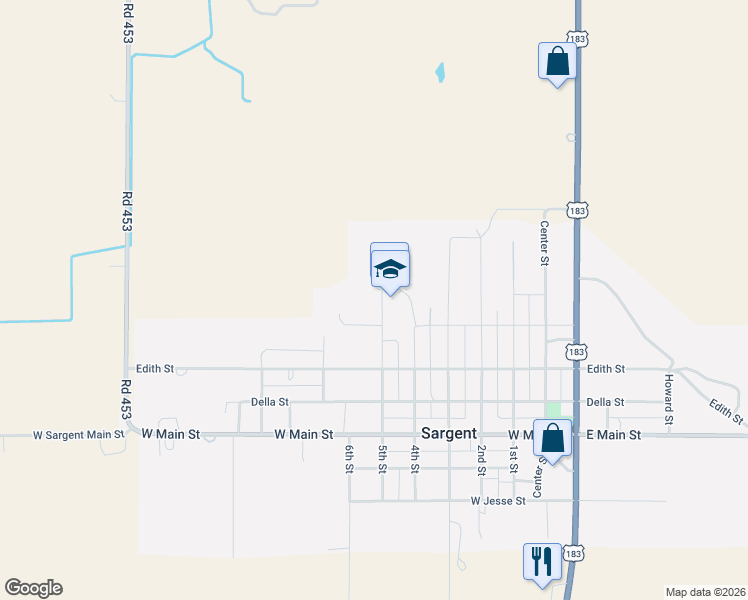 map of restaurants, bars, coffee shops, grocery stores, and more near 405 5th Street in Sargent