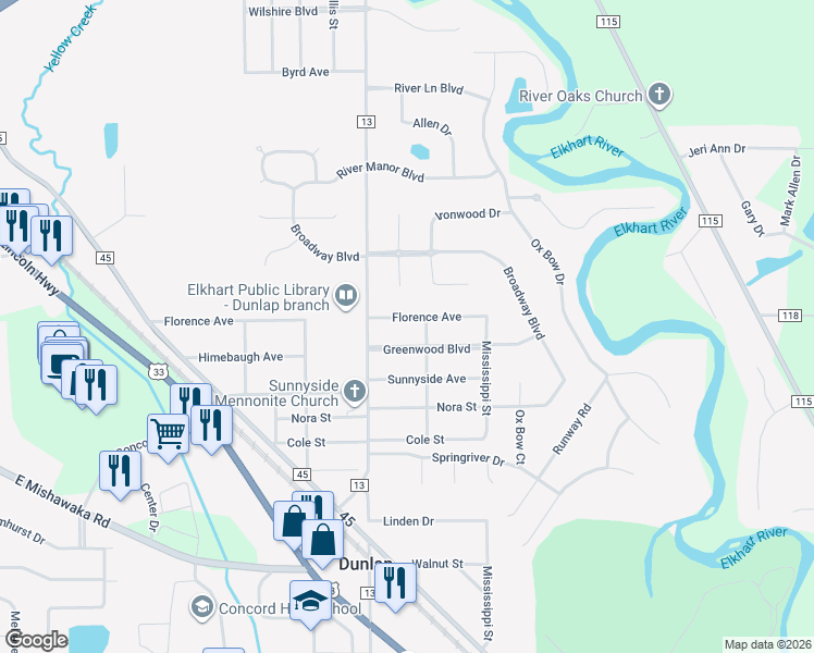 map of restaurants, bars, coffee shops, grocery stores, and more near 23675 Greenwood Blvd in Elkhart