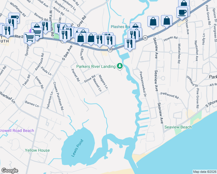 map of restaurants, bars, coffee shops, grocery stores, and more near 32 Niagara Lane in Yarmouth