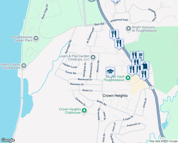 map of restaurants, bars, coffee shops, grocery stores, and more near 35 Briarwood Drive in Poughkeepsie