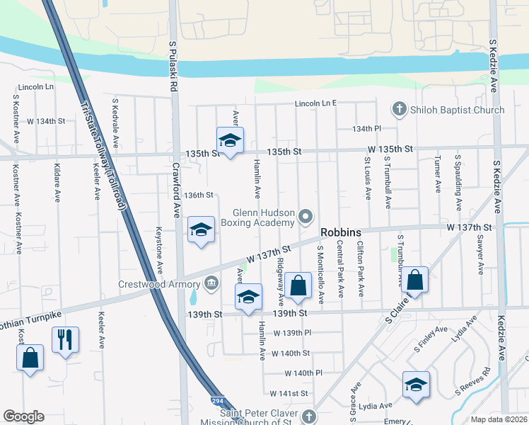 map of restaurants, bars, coffee shops, grocery stores, and more near 13610 Hamlin Avenue in Robbins