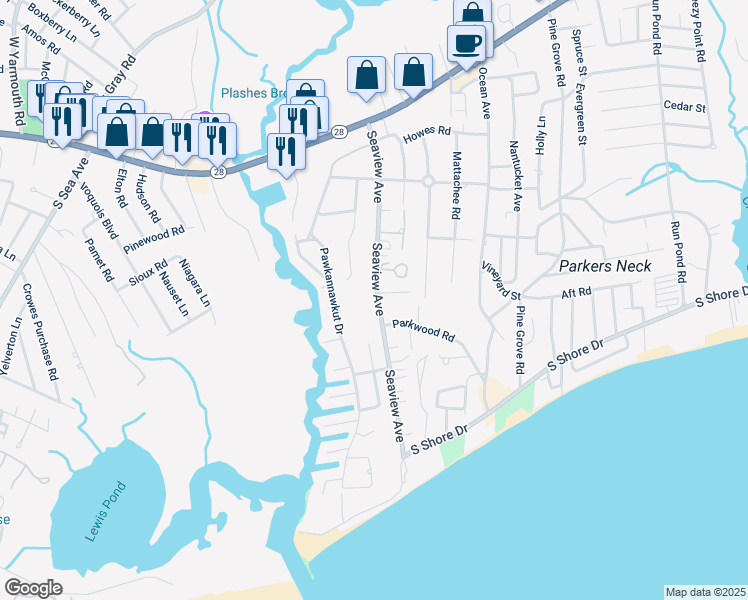 map of restaurants, bars, coffee shops, grocery stores, and more near 109 Seaview Avenue in Yarmouth