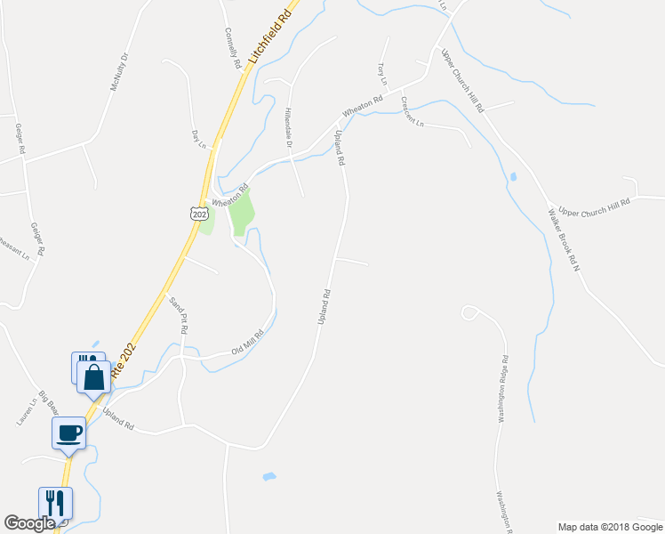 map of restaurants, bars, coffee shops, grocery stores, and more near 93 Upland Road in New Milford