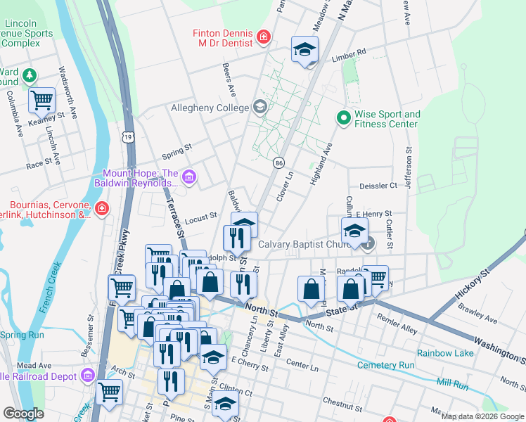 map of restaurants, bars, coffee shops, grocery stores, and more near 653 North Main Street in Meadville