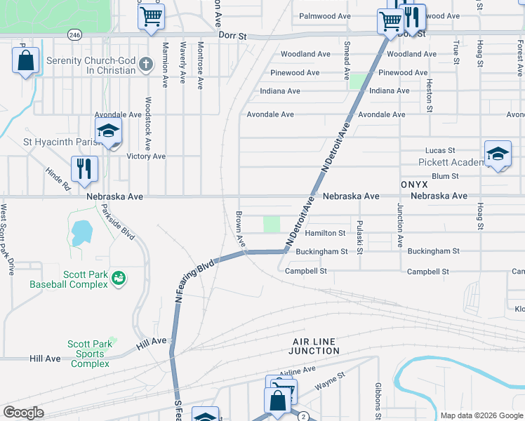 map of restaurants, bars, coffee shops, grocery stores, and more near 1766 Tecumseh Street in Toledo