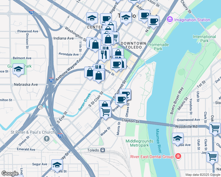 map of restaurants, bars, coffee shops, grocery stores, and more near 145 South Saint Clair Street in Toledo