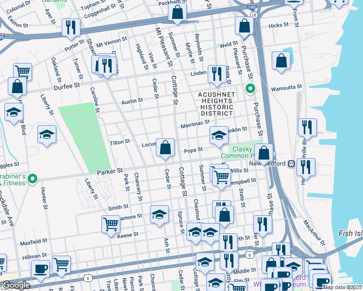map of restaurants, bars, coffee shops, grocery stores, and more near 357 Pope Street in New Bedford