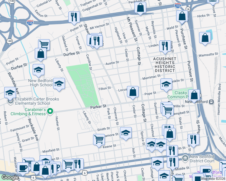 map of restaurants, bars, coffee shops, grocery stores, and more near 446 Chancery Street in New Bedford