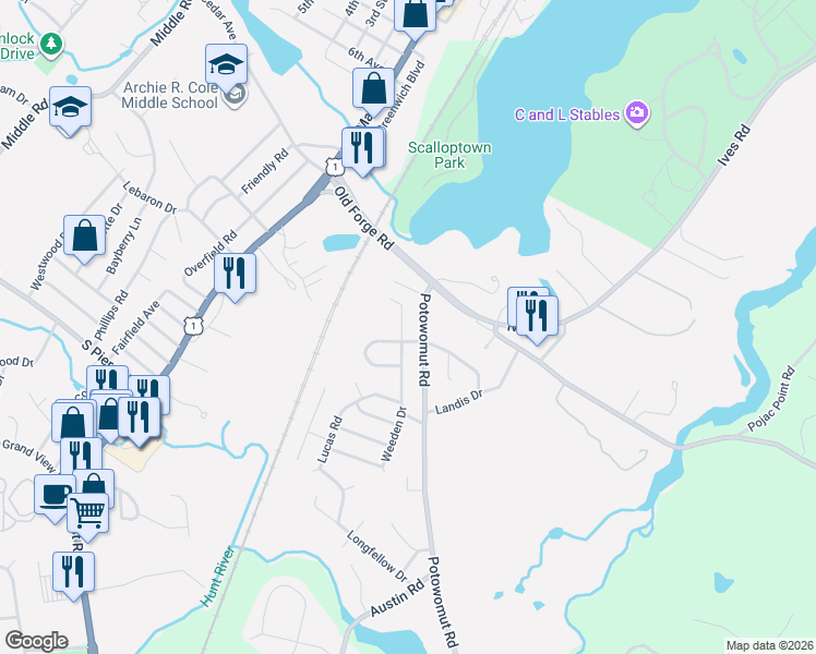 map of restaurants, bars, coffee shops, grocery stores, and more near 15 Penguin Avenue in East Greenwich