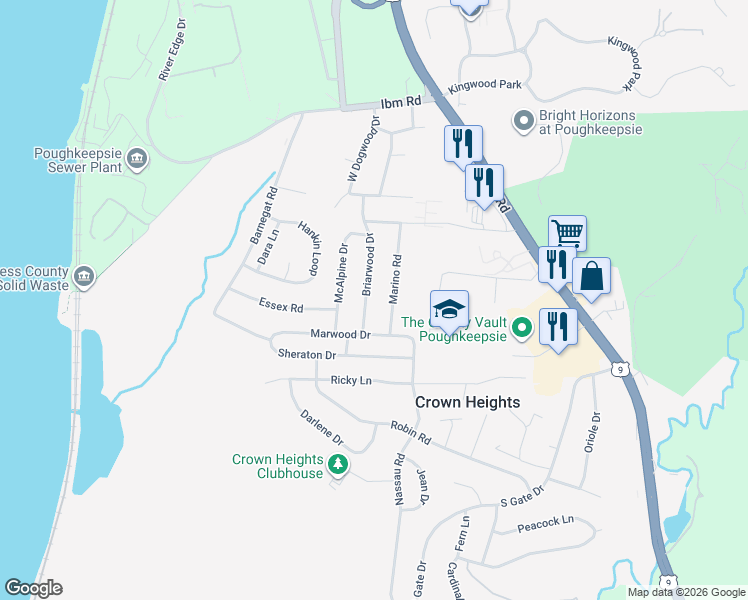 map of restaurants, bars, coffee shops, grocery stores, and more near 27 Marino Road in Poughkeepsie