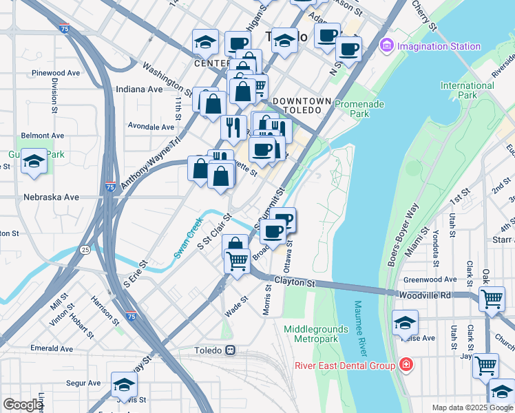 map of restaurants, bars, coffee shops, grocery stores, and more near 145 South Saint Clair Street in Toledo
