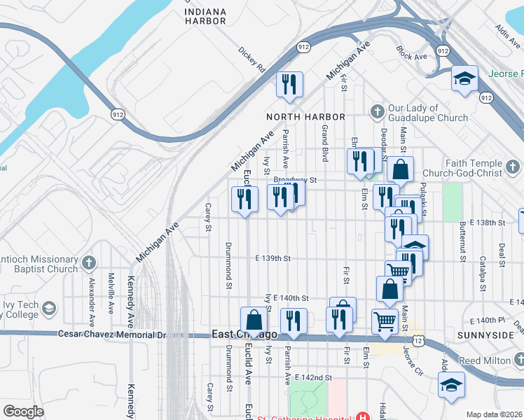 map of restaurants, bars, coffee shops, grocery stores, and more near 3735 Ivy Street in East Chicago