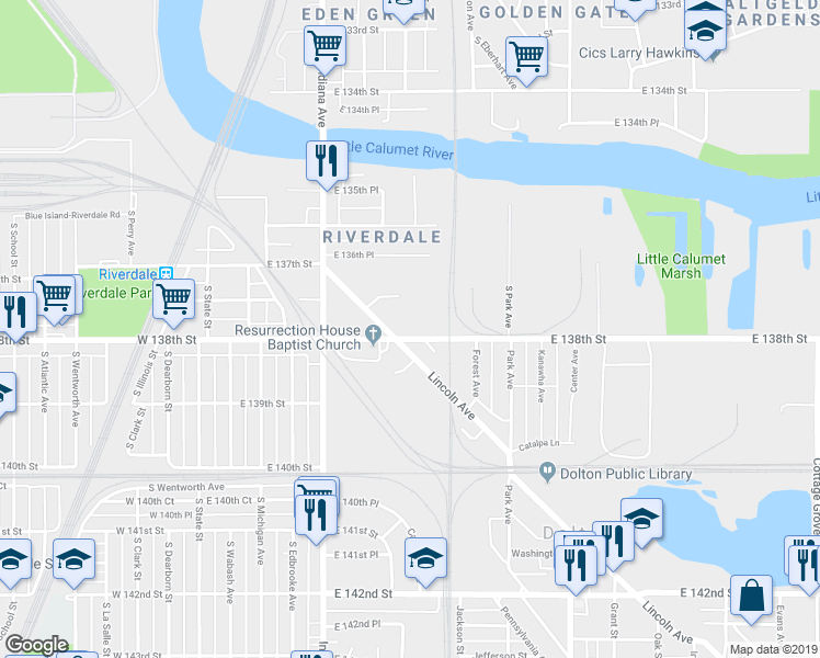 map of restaurants, bars, coffee shops, grocery stores, and more near 13815 Lincoln Avenue in Dolton