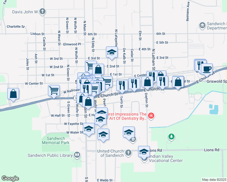 map of restaurants, bars, coffee shops, grocery stores, and more near 222 East Church Street in Sandwich