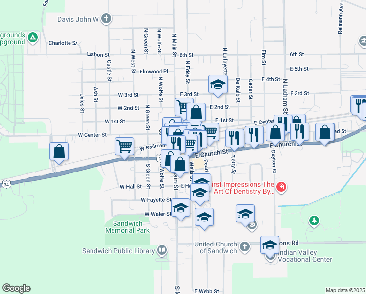 map of restaurants, bars, coffee shops, grocery stores, and more near 128 South Main Street in Sandwich