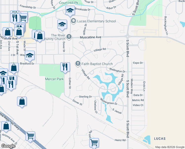 map of restaurants, bars, coffee shops, grocery stores, and more near 1290 Village Road in Iowa City