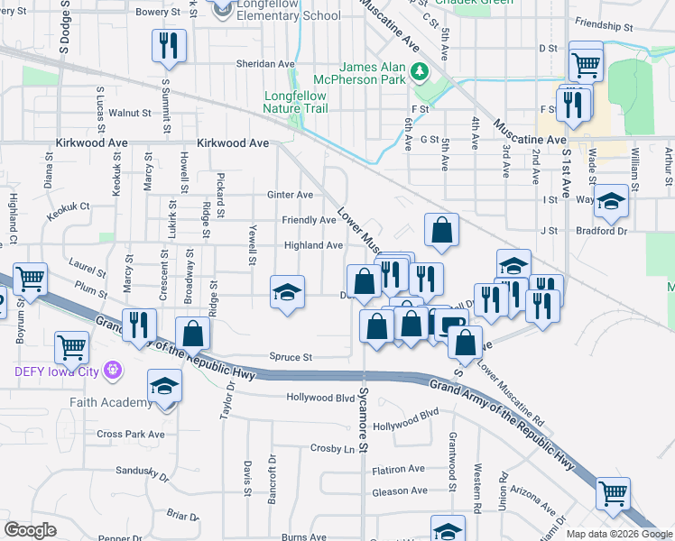 map of restaurants, bars, coffee shops, grocery stores, and more near 1430 Pine Street in Iowa City